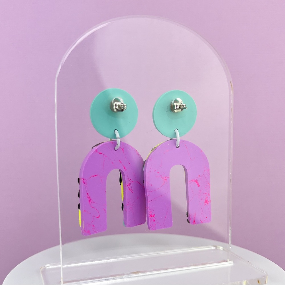 80s Memphis Style Pattern Polymer Clay Dangle Earrings Handmade Funky Re… - Picture 7 of 10
